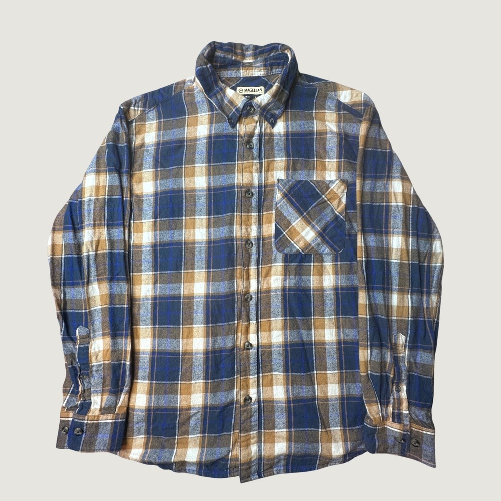 Magellan Shirt Womens L Blue Brown Canyon Creek Plaid Flannel Button Down Cotton